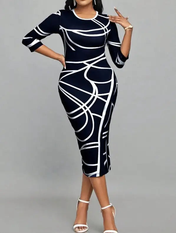 Ladies' Round Neck Printed Casual Bag Hip Dress - Lootquake