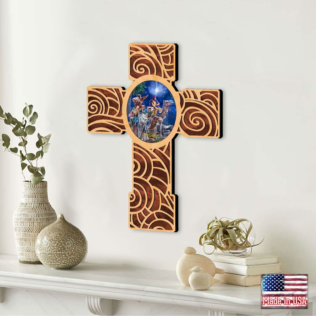 Three Kings Modern Wooden Cross by D. Gelsinger - Inspirational Icon Decor - 88286-DG