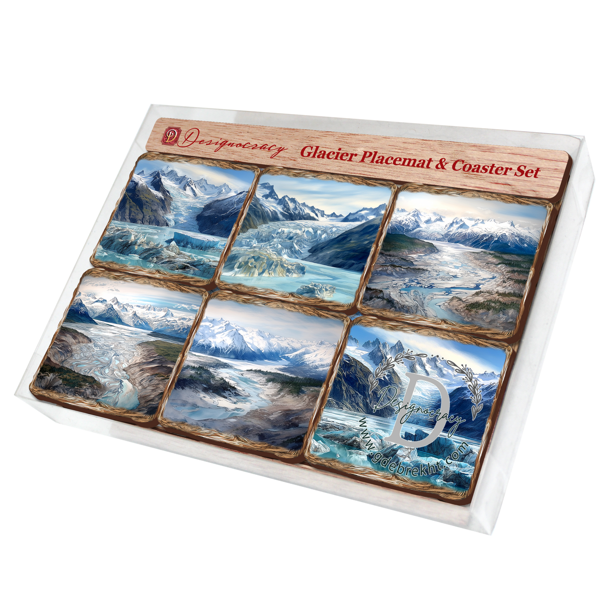 Juego de regalo de 7 manteles individuales y posavasos de corcho de madera "Majestad del Glaciar" de Nature Wonders Nature Wildlife Decor - 85402C-S7