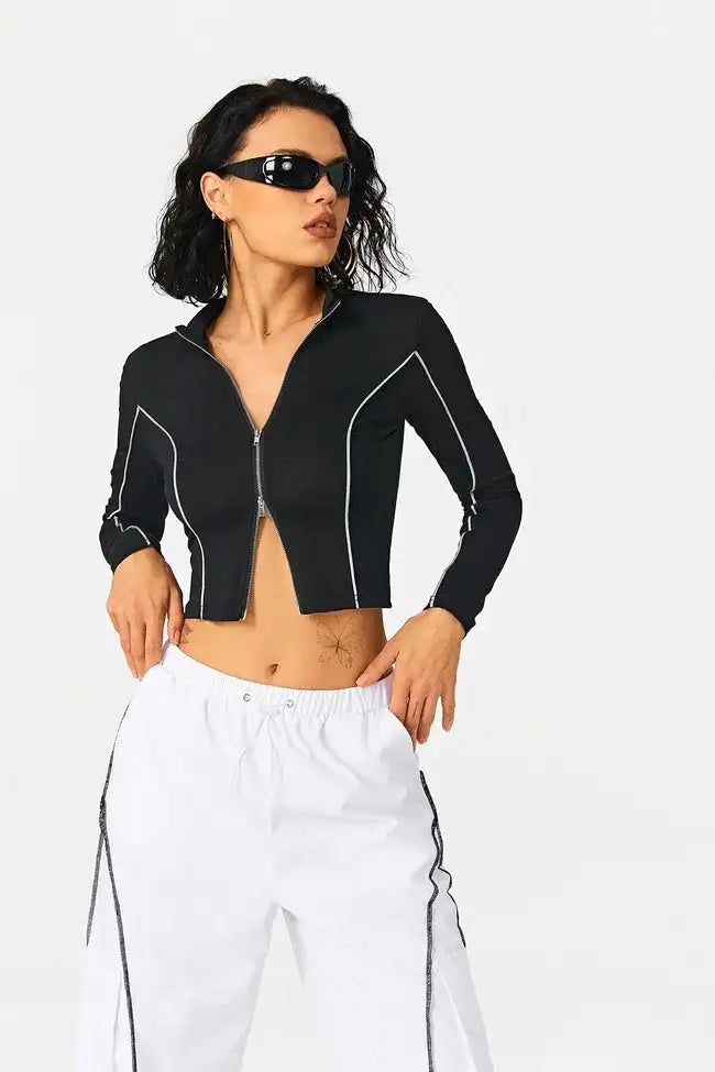 2023 Women's Contrasting Color Line Standing Collar Wears Knitted Shirts - Lootquake