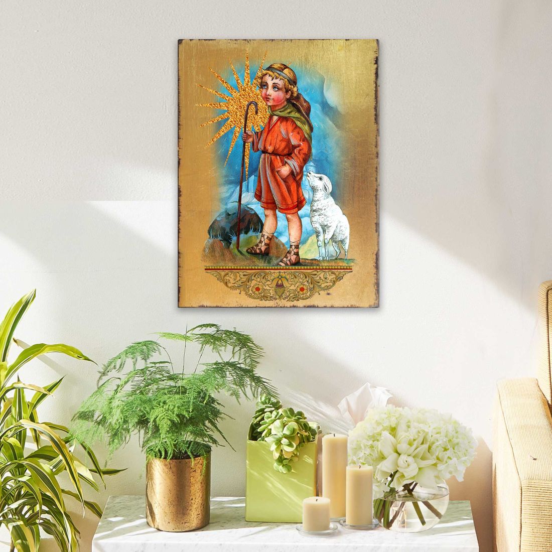 Icono religioso cristiano sagrado de madera de pastor bañado en oro - Decoración inspiradora - 85045