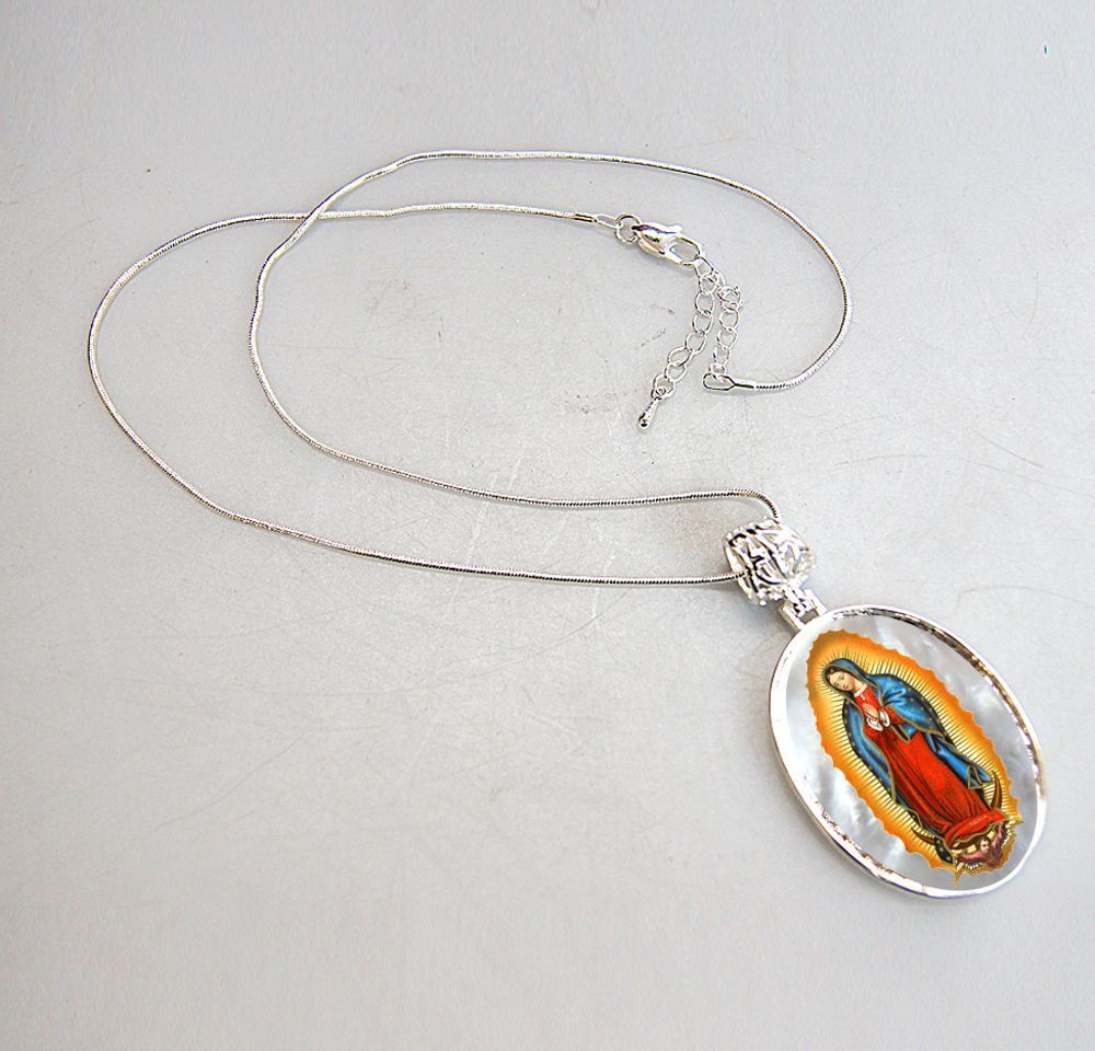 Lady of Guadalupe Silver Plated Mother of Pearl Necklace Jewelry - 43032