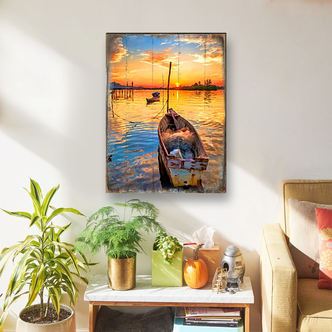 Arte de pared costero de madera con diseño de barco al atardecer de Sorrell, de Nature Wonders - Decoración costera de vida marina - 95228B