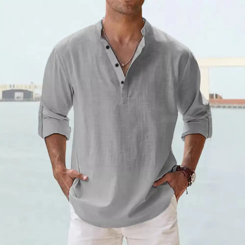 Men's Linen Stand-up Collar Long Sleeve T-shirt Loose Undershirt - Lootquake