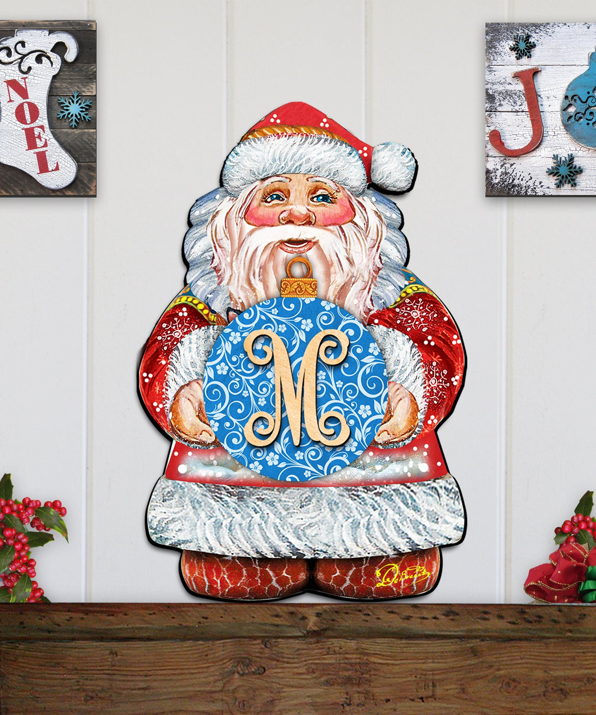 Custom Letter Vine Script Monogram Santa Door Hanger by G. DeBrekht - Christmas Santa Snowman Decor - 8117810G-9H
