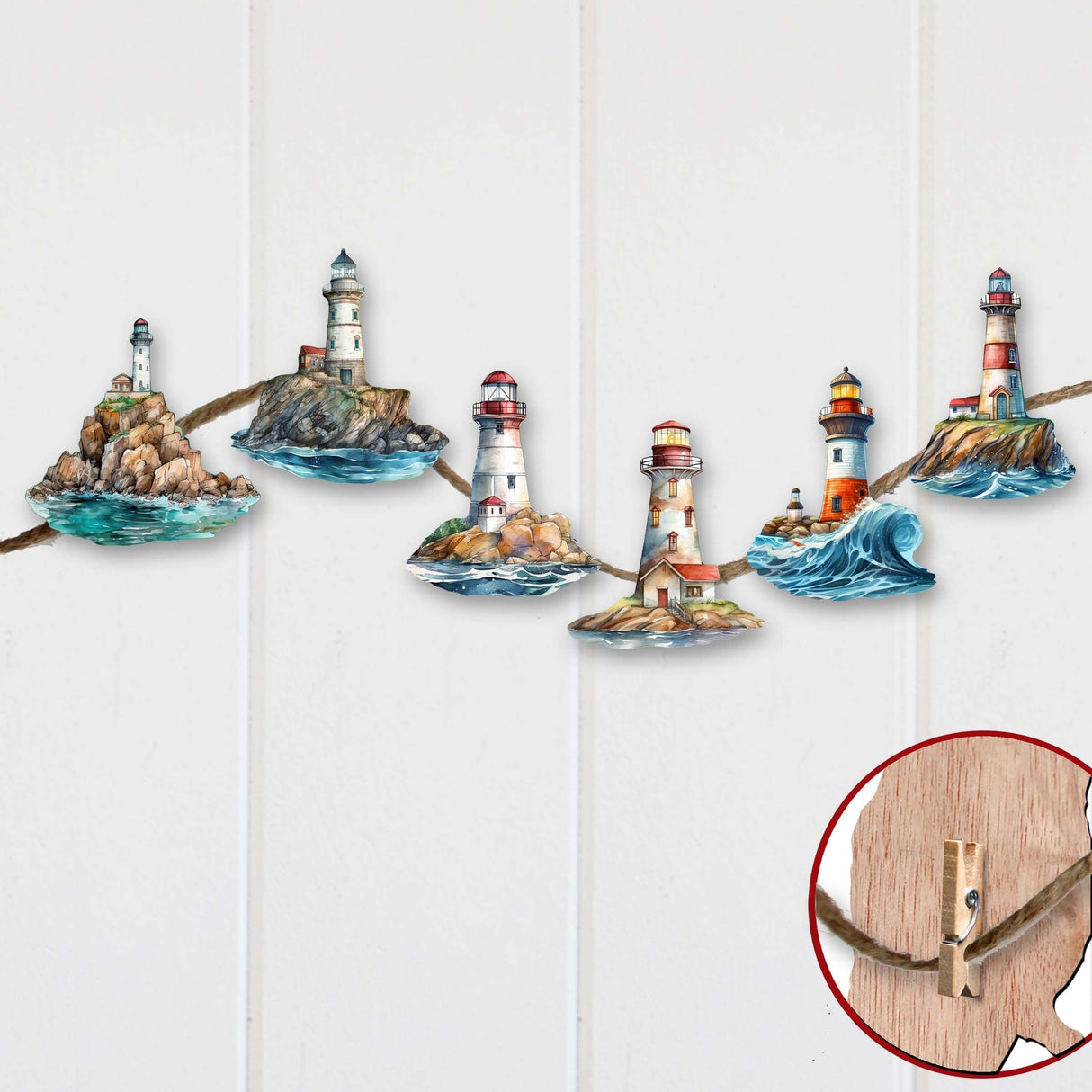 Lighthouse Decorative Wooden Clip-on Ornaments Set of 6 by G. Debrekht - Coastal Decor - 8090022C-S6