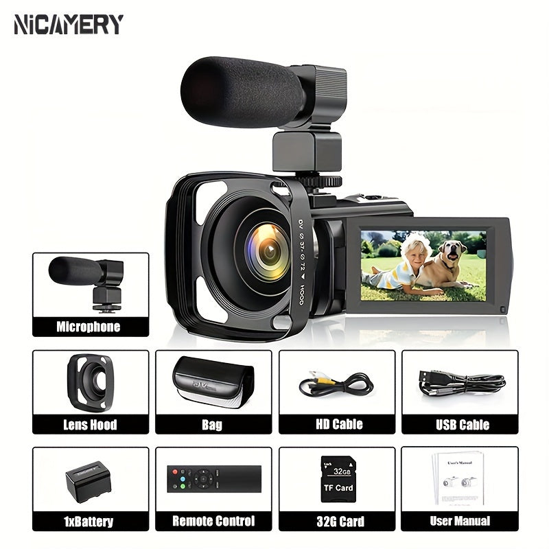 Nicamery 16x Efficient Zoom - 1080P HD Camera with Beauty Anti-Shake, External Microphone Support - Full HD 2400 Pixel Webcam Digital Camera with Remote Control, Lens Hood, 1000mah Batteries 2pcs, Ultra Long Life, 32G TF Card