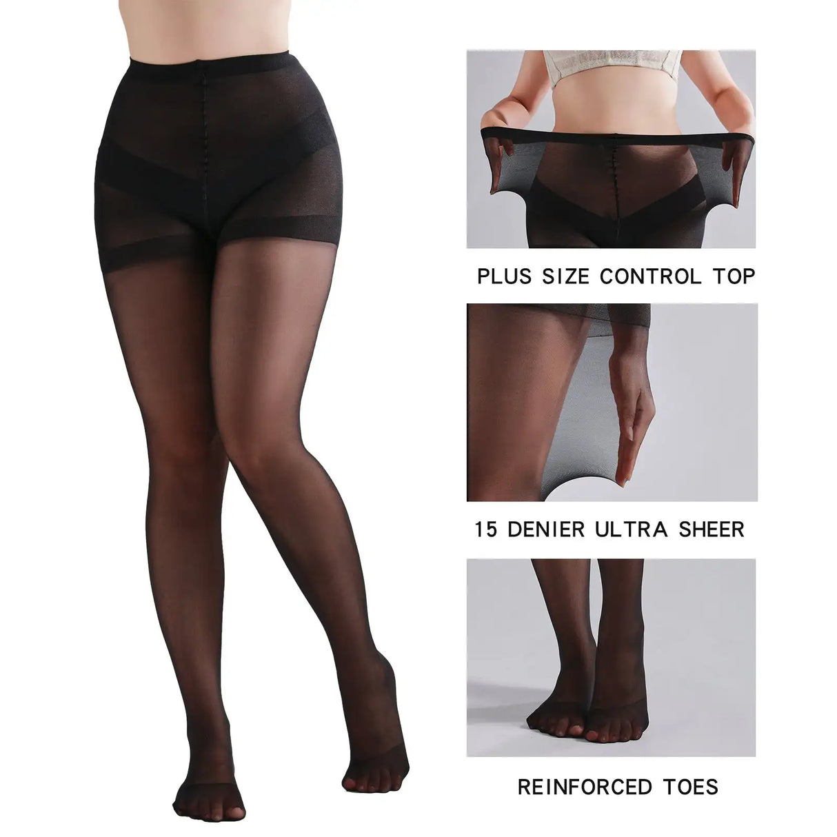3 Pairs Plus Size Womens Sheer Tights 20D High Waist Control Top Pantyhose With Reinforced Toes - Lootquake