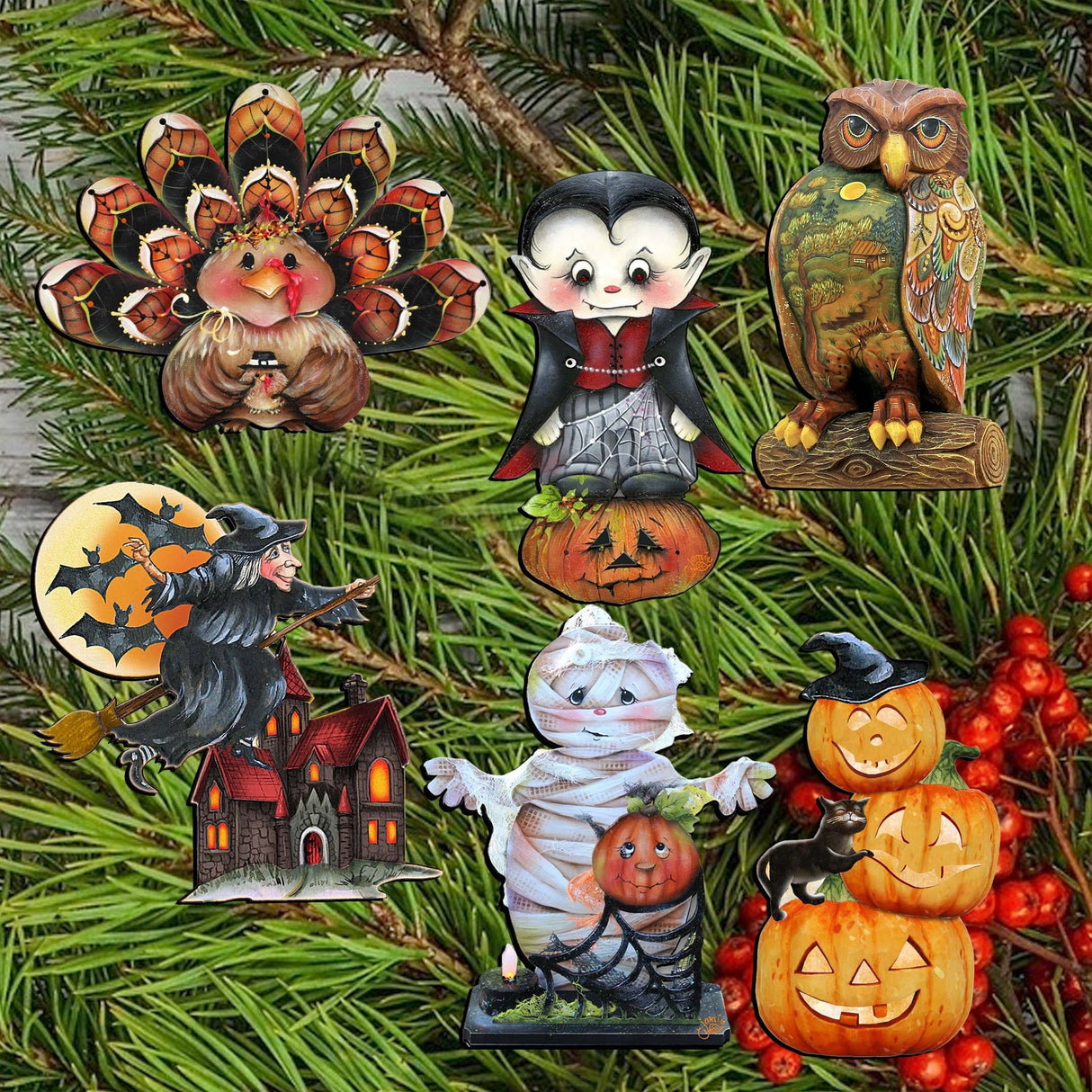Happy Halloween Decorative Wooden Clip-on Ornaments Set of 6 by Jamie Mills-Price and G. Debrekht - Halloween Decor - 8090135C-S6