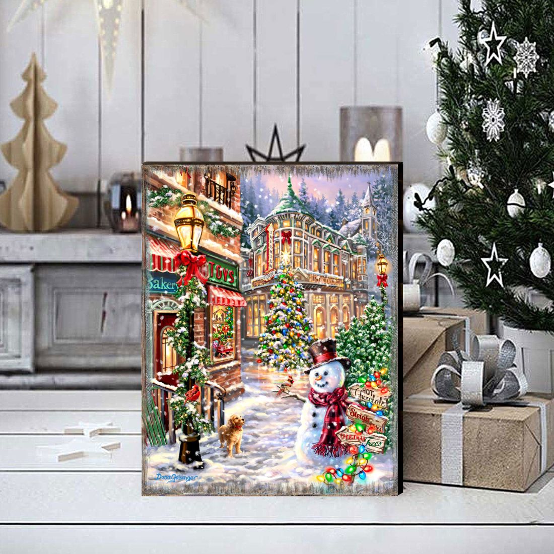 Christmas Lane Wooden Wall Art by D. Gelsinger - Christmas Santa Snowman Decor - 95674B-DG