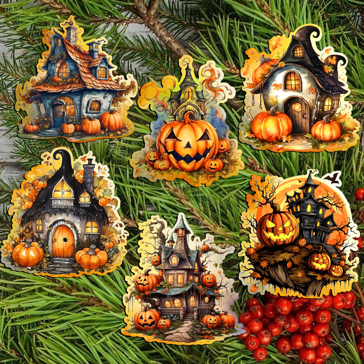 Spooky Houses Decorative Wooden Clip-on Ornaments of 6 by G. Debrekht - Halloween Decor - 8090007C-S6