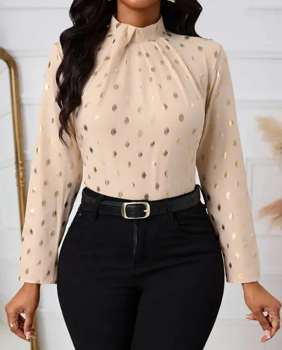 Ladies' Polka Dot Printed Pleated Collar Fashionable Date Commuting Shopping Long Sleeved Shirt - Lootquake