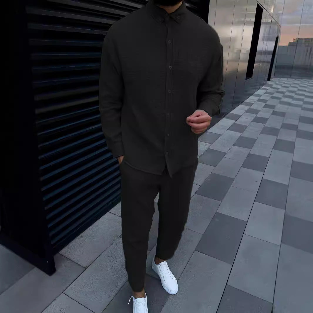 European And American Autumn Men's Wrinkle Bubble Casual Suit Long Sleeve Tooling Trousers - Lootquake