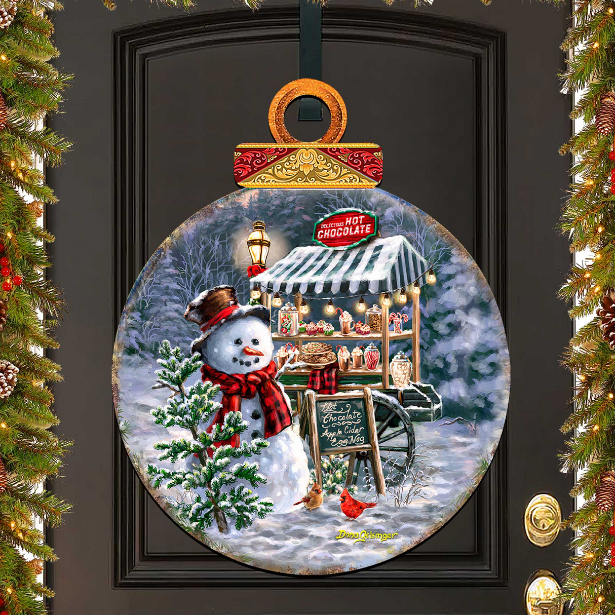 Puesto de chocolate caliente - Decoración navideña para puertas de D. Gelsinger - Decoración navideña de Papá Noel y muñeco de nieve - 8611087H-DG