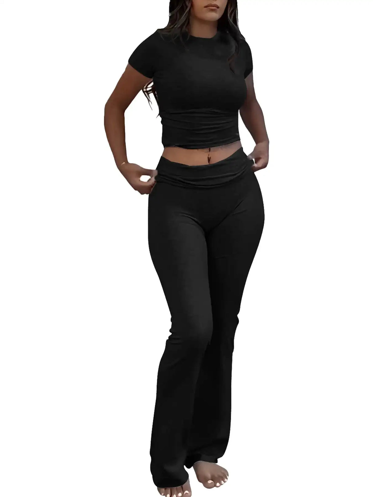 Casual Solid Color Slim Fit Two-piece Pants Set, Short Sleeved Round Neck T-shirt And Tight Flared Pants Sports Pants Clothing, Women's Clothing - Lootquake