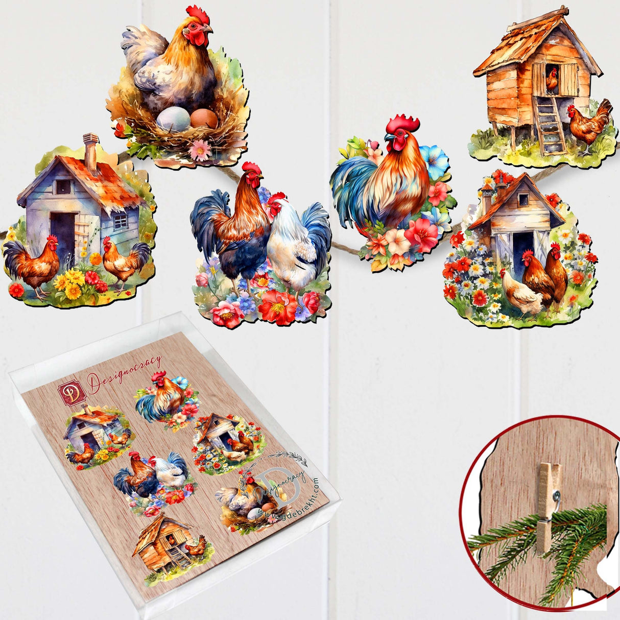 Spring on the Farm Decorative Wooden Clip-on Ornaments Set of 6 by G. Debrekht - Easter Decor - 8090056C-S6
