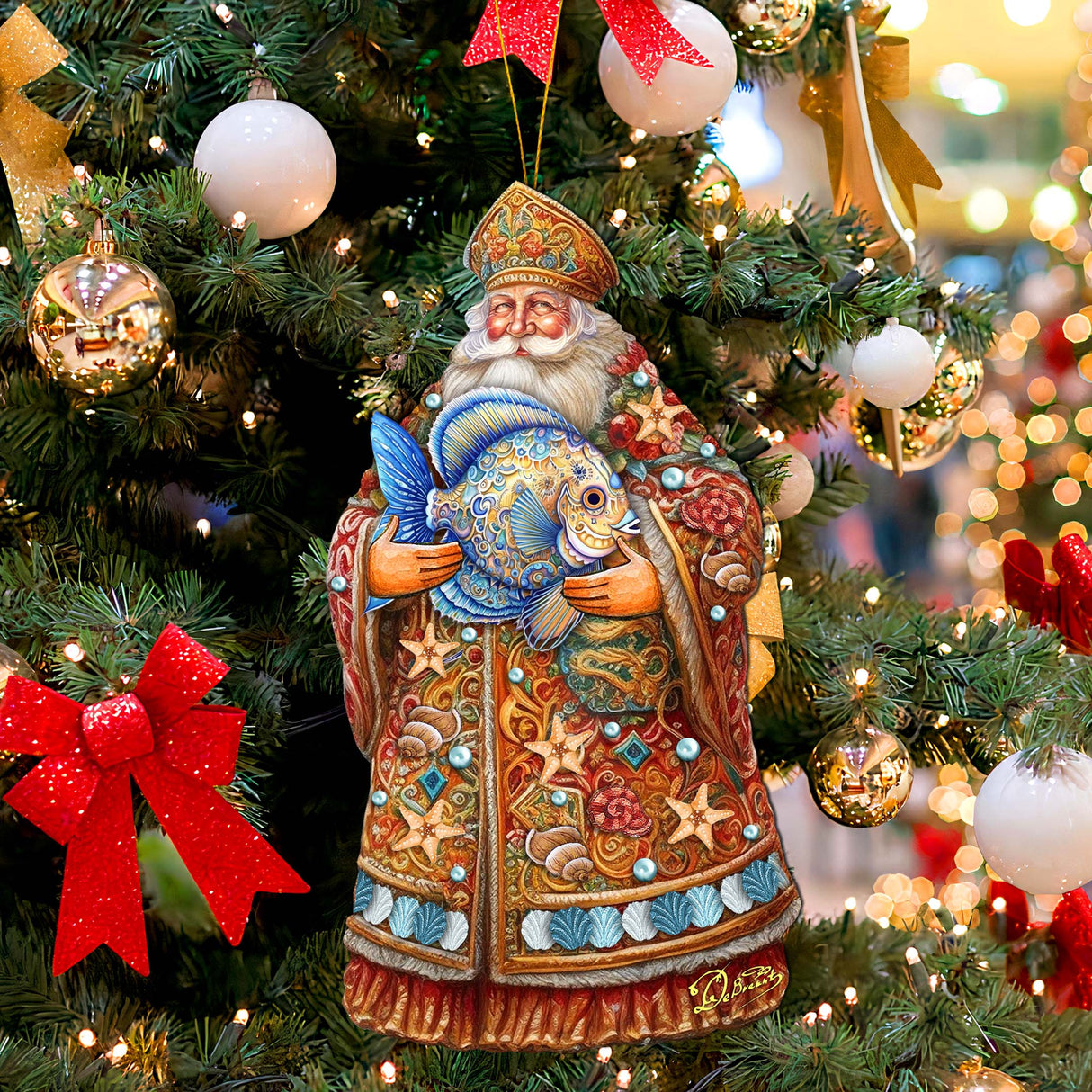 Adornos de madera de Papá Noel con pez de G. Debrekht - Decoración navideña de Papá Noel y muñeco de nieve - 8691411