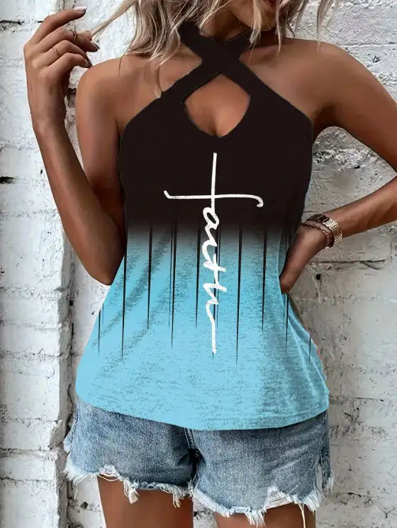 Ladies' Printed Backless Chest Hollow Hanging Neck Fashionable Casual Camisole Top - Lootquake