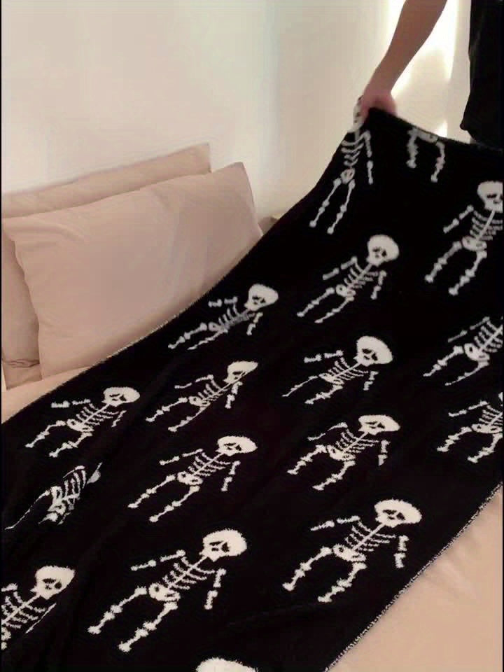 1pc Halloween Cartoon Skull Blanket Premium Sense Home Warm Blanket Nap Throw Blanket Travel Blanket Shawl Blanket Half Flannel Jacquard High Quality Knitted Blanket
