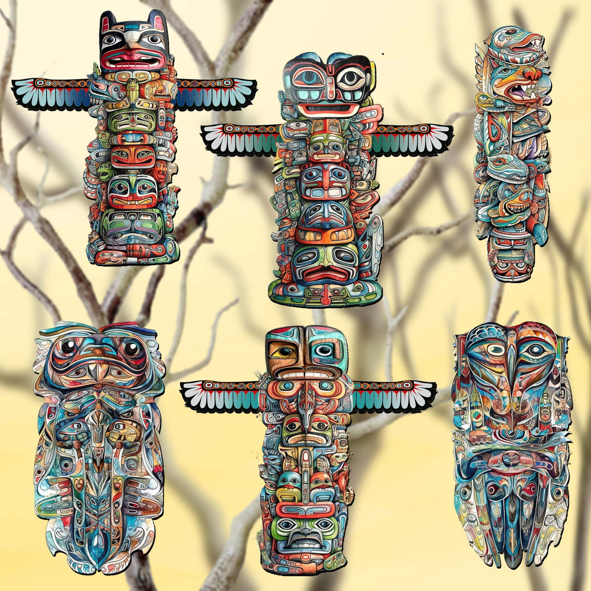 Spirit of the Totem Decorative Wooden Clip-on Ornaments Set of 6 by G. Debrekht - Wildlife Decor - 8090117C-S6