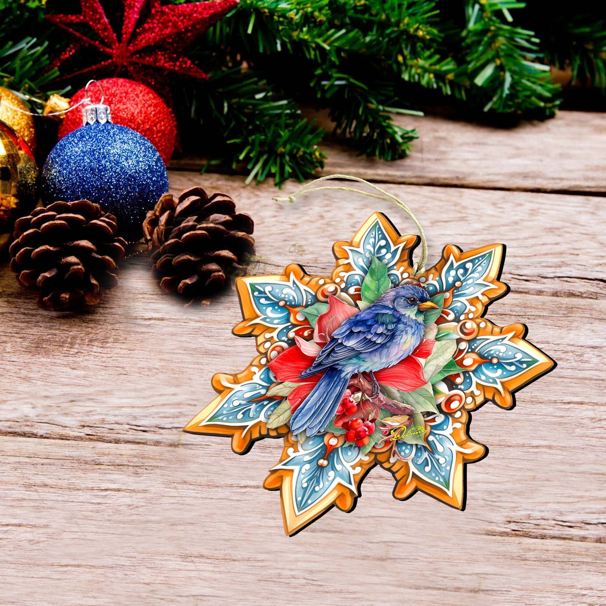 Forest Birds Snowflake Wooden Ornaments Set of 3 by G. Debrekht - Christmas Decor - 8090144-S3