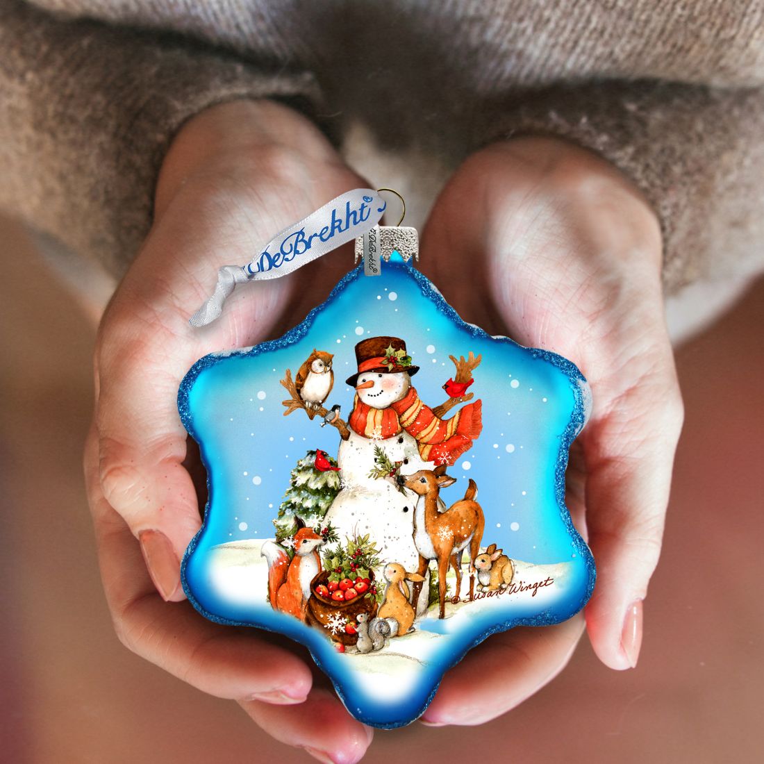 Night Forest Snowman Glass Ornament by Susan Winget - Christmas Santa and Snowman Decor - 754-201-SW