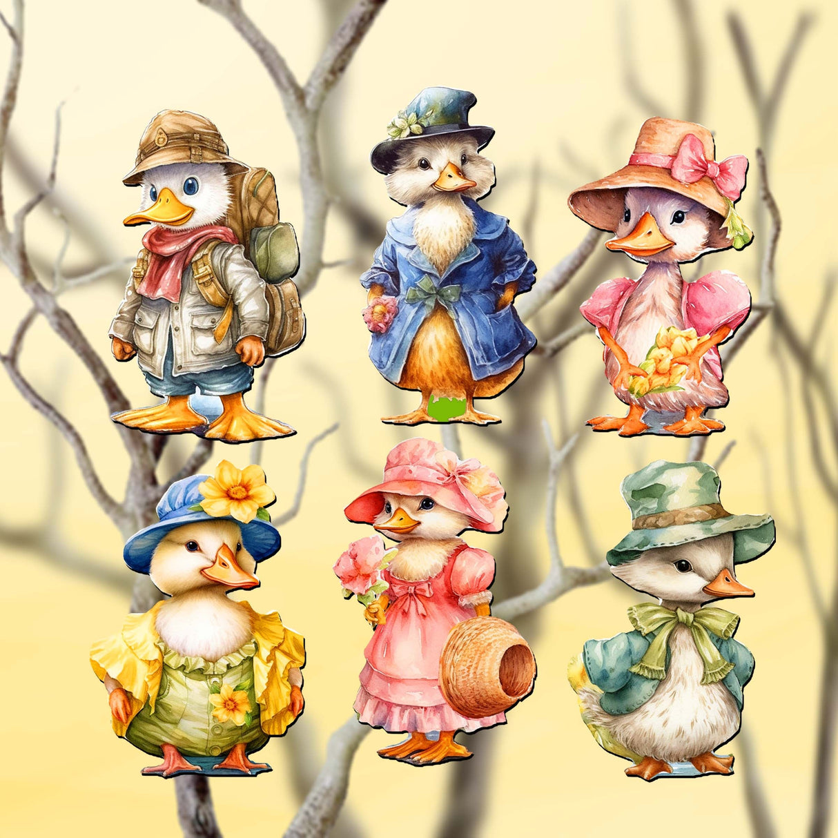 Easter Ducks Decorative Wooden Clip-on Ornaments Set of 6 by G. Debrekht - Easter Decor - 8090043C-S6