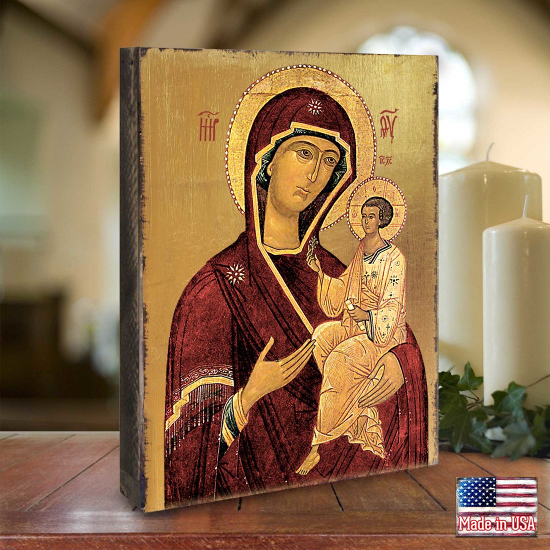 Icono sagrado ortodoxo religioso de madera de la Virgen María, bañado en oro - Decoración inspiradora - 85063