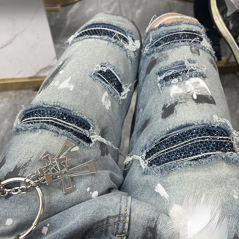 Handmade Splash-ink Blue Diamond Ripped Jeans - Lootquake