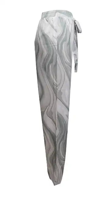 Ladies' Contrasting Printed Waist Strap Details, Loose Pleated Casual Style Wide Leg Pants - Lootquake