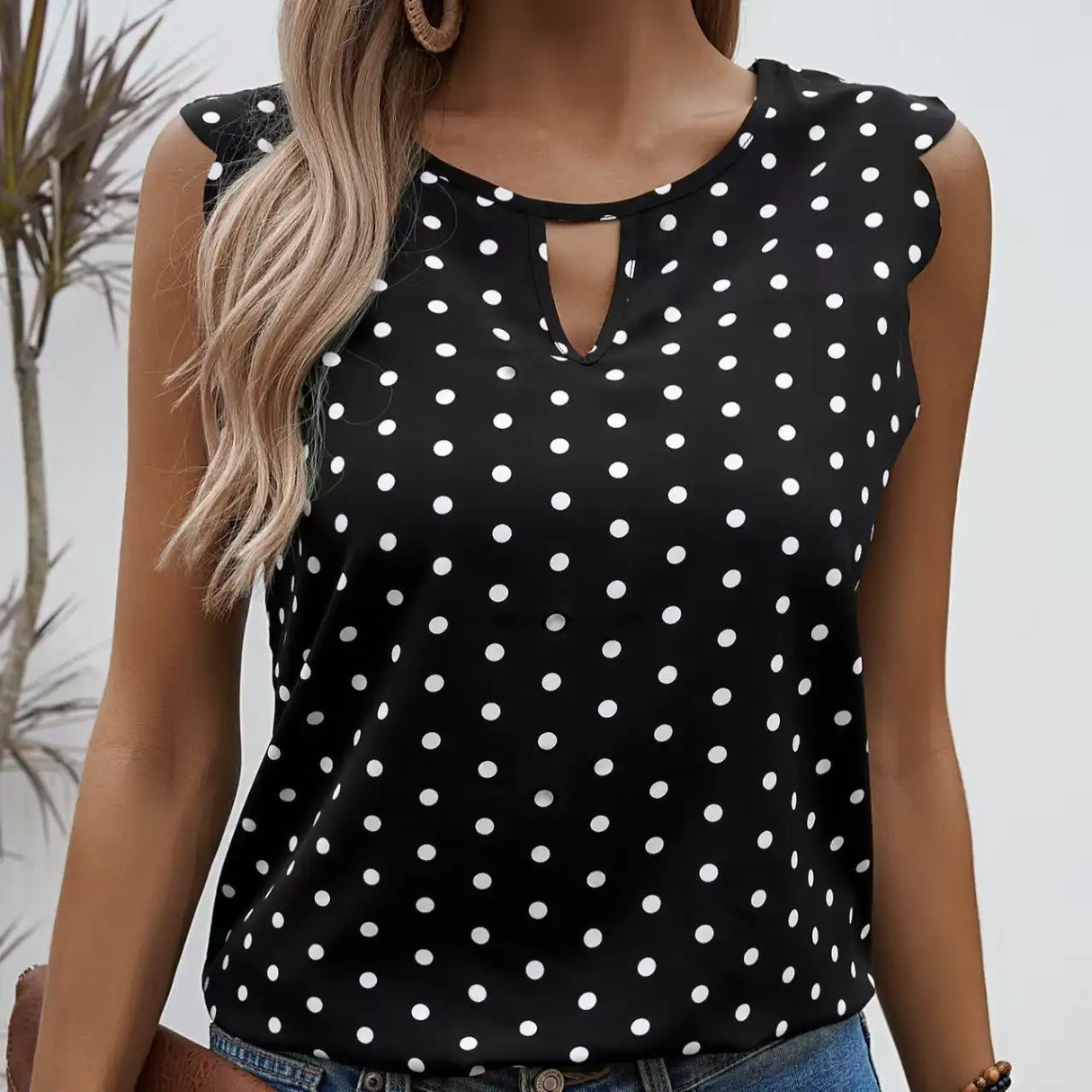 Ladies' Round Neck Wavy Sleeves Detail Off Shoulder Polka Dot Shirt - Lootquake