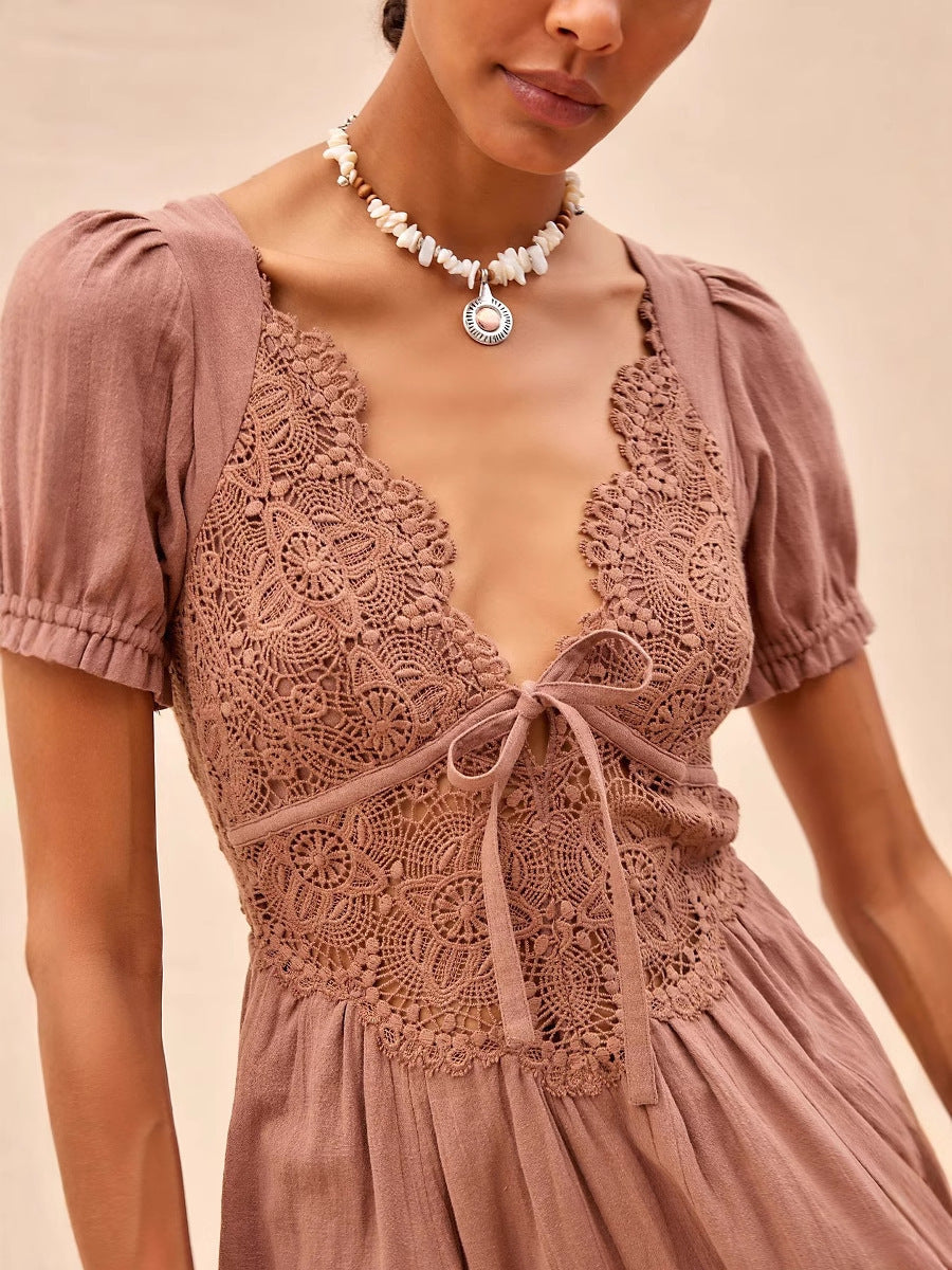 Vestido de algodón puro de manga corta con encaje y escote en V