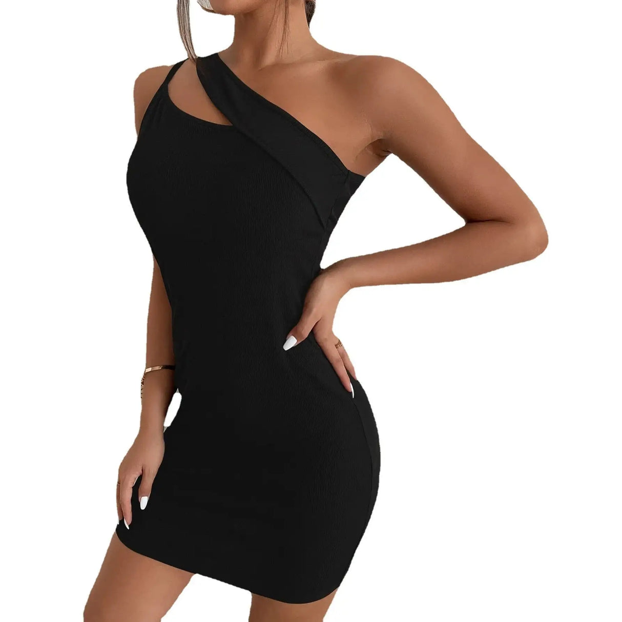 Black Hollow Split Slanted Shoulder Dress - Lootquake