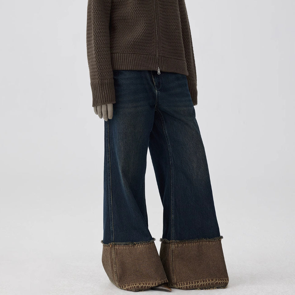 Brown Blue Nano Water Foot Washing Mouth Reverse Stitching Raw Hem Jeans - Lootquake