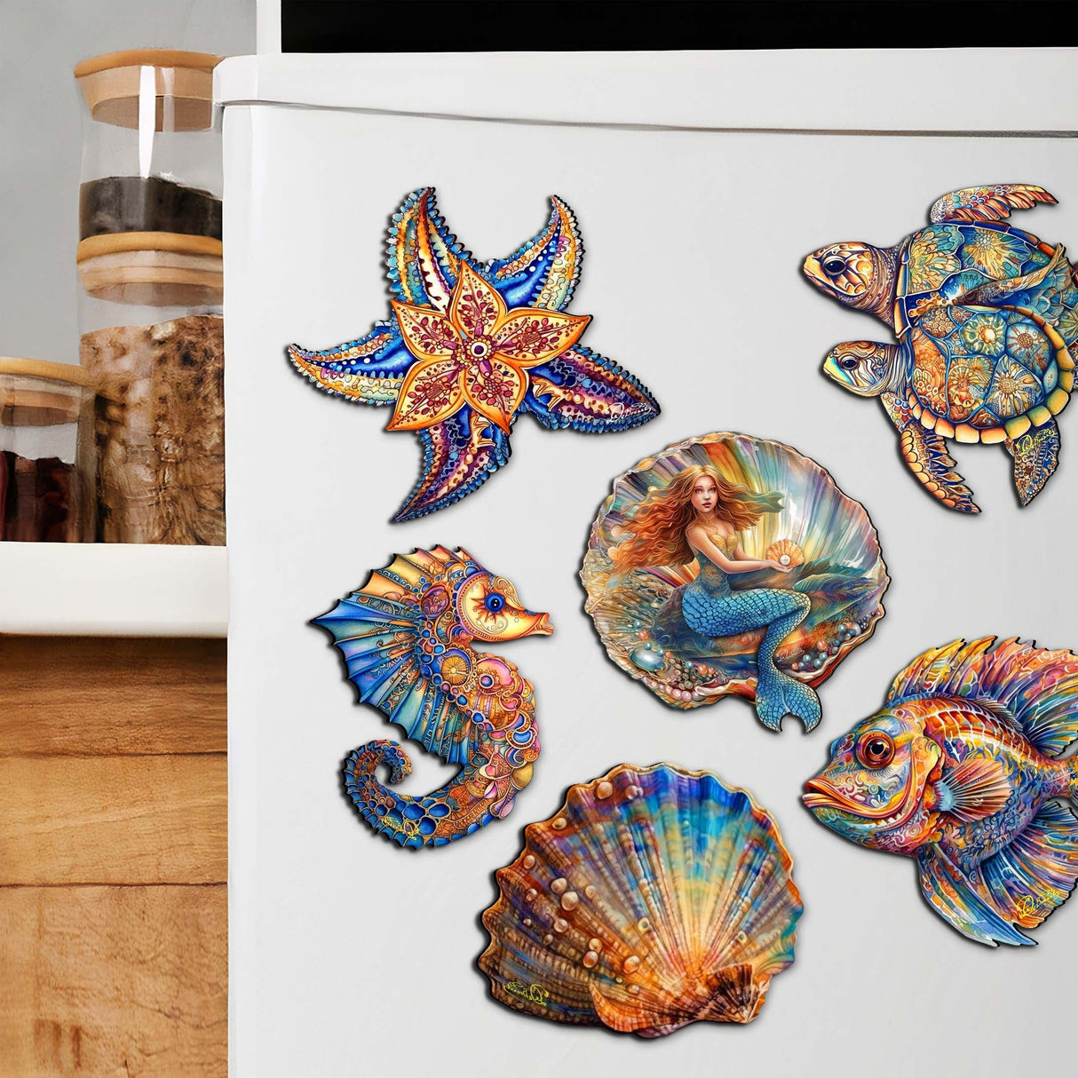 Mermaid and Friends Decorative Wooden Magnets Set of 6 by G. Debrekht - Coastal Decor - 8090064G-S6