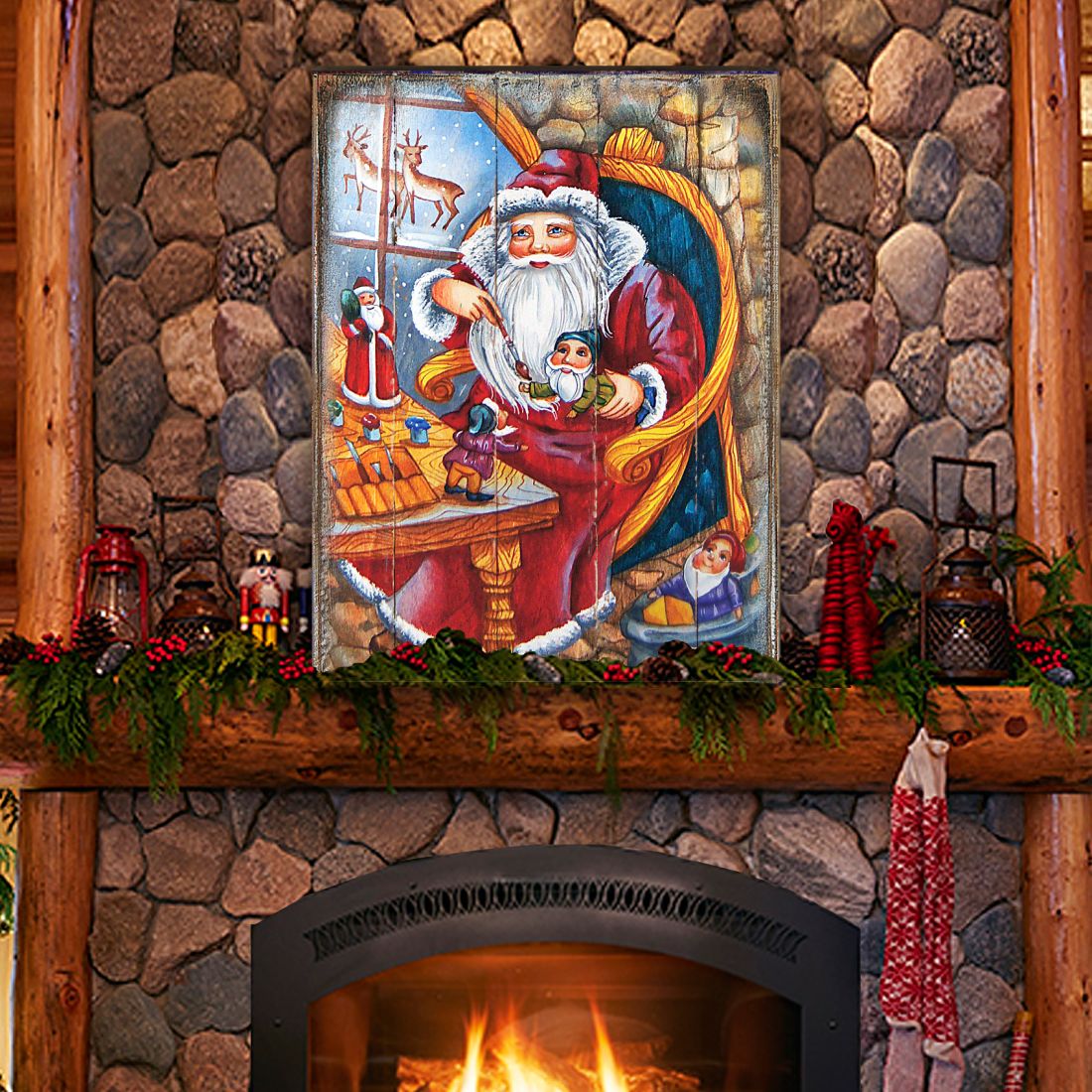 Christmas Workshop Santa Wooden Wall Art by G. DeBrekht - Christmas Santa Snowman Decor - 81215625B