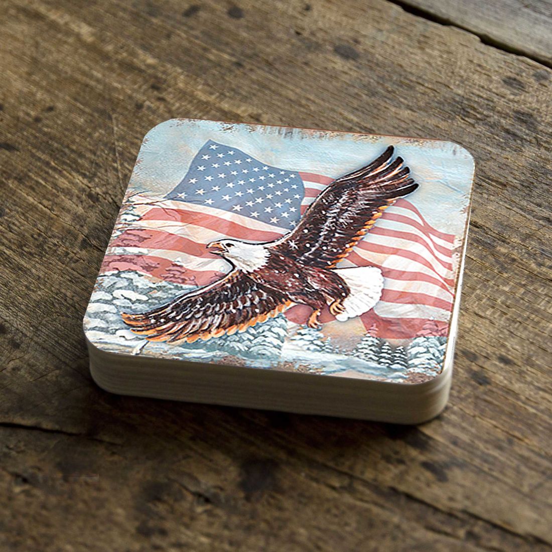 Juego de 4 posavasos de corcho de madera con diseño de águila americana de Nature Wonders - Decoración patriótica americana - 95221C-S4