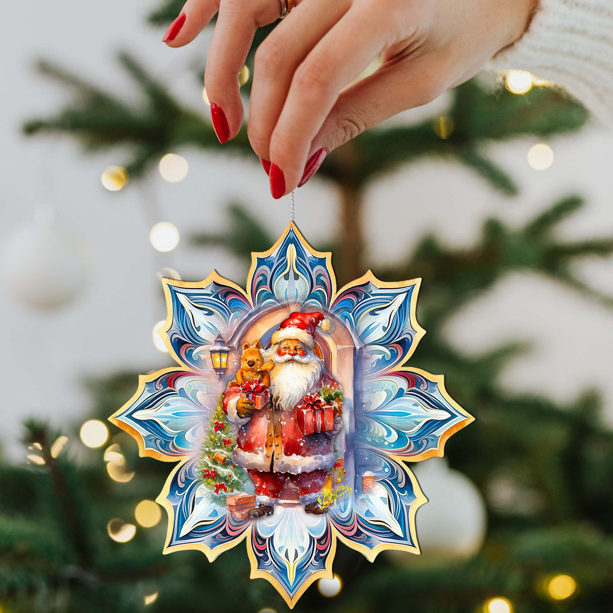 Adornos de madera con copos de nieve de Papá Noel con regalos de G. Debrekht - Decoración navideña de Papá Noel y muñeco de nieve - 8688421