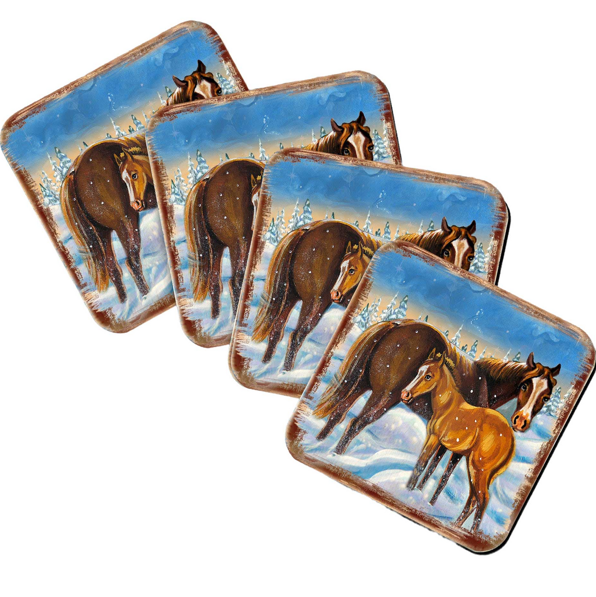 Horsey Wooden Cork Coasters Gift Set of 4 by Nature Wonders - Nature Wildlife Decor - 95218C-S4