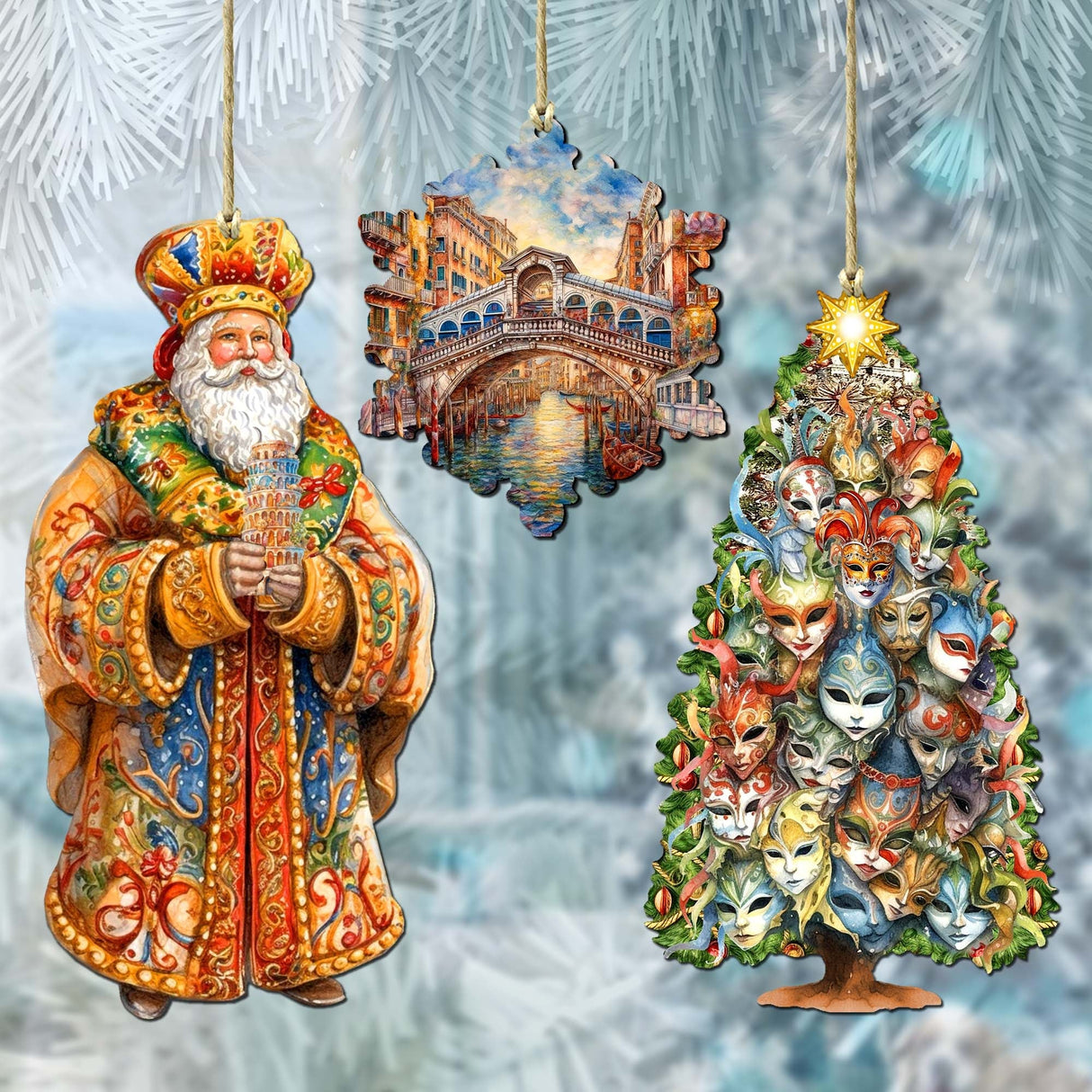 Papá Noel de todo el mundo - Papá Noel de inspiración italiana - Juego de 3 adornos de madera de G. DeBrekht - Decoración navideña de Papá Noel y muñeco de nieve - 8091307S3