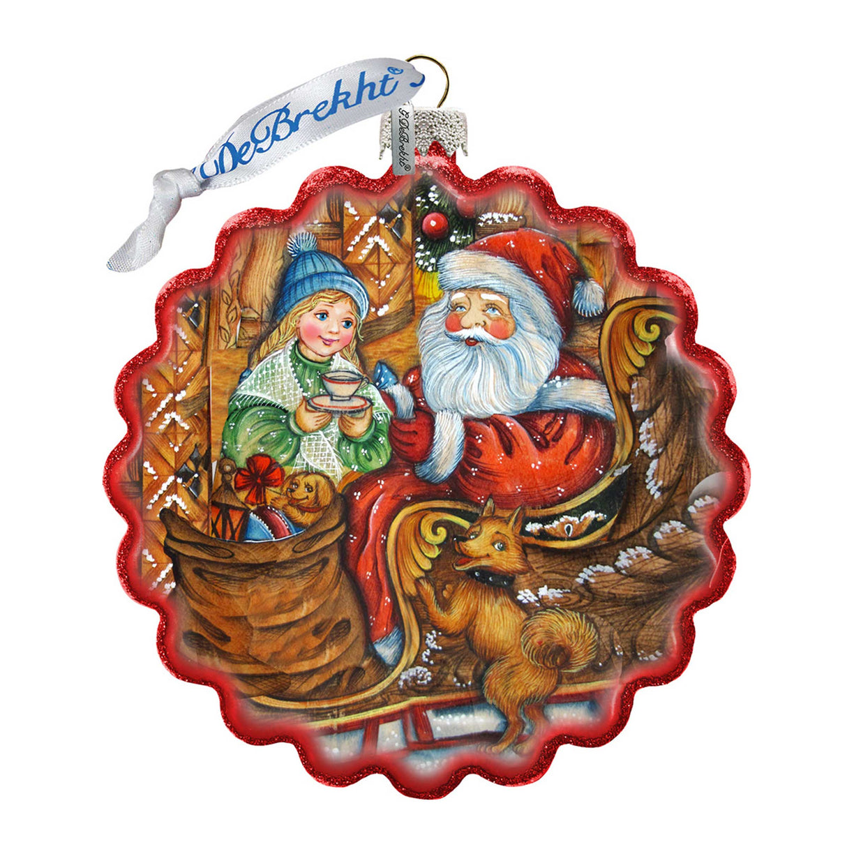Santas Arrival Wreath Glass Ornament by G. DeBrekht - Christmas Santa Snowman Decor - 759-039