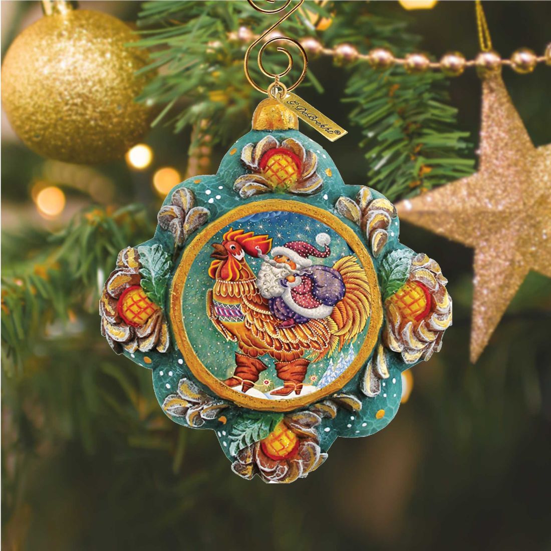 Adorno navideño de Papá Noel, gallo, esculpido y pintado a mano por G. DeBrekht - Decoración navideña de Papá Noel y muñeco de nieve - 6102545