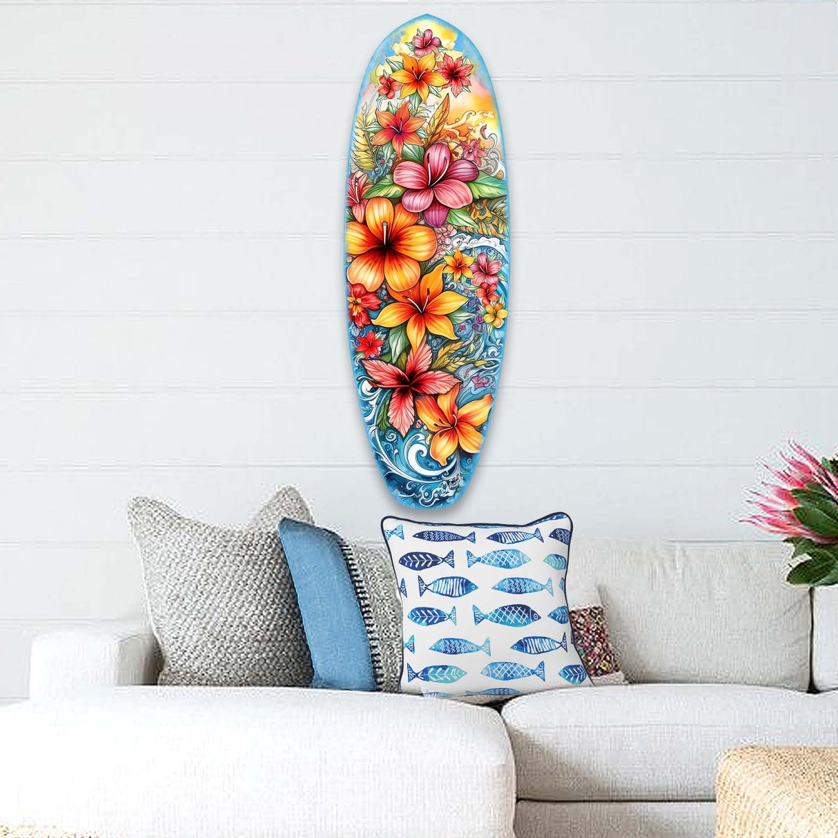 Tabla de surf con flores tropicales, arte mural costero de G. DeBrekht - Decoración costera navideña - 8490113HS