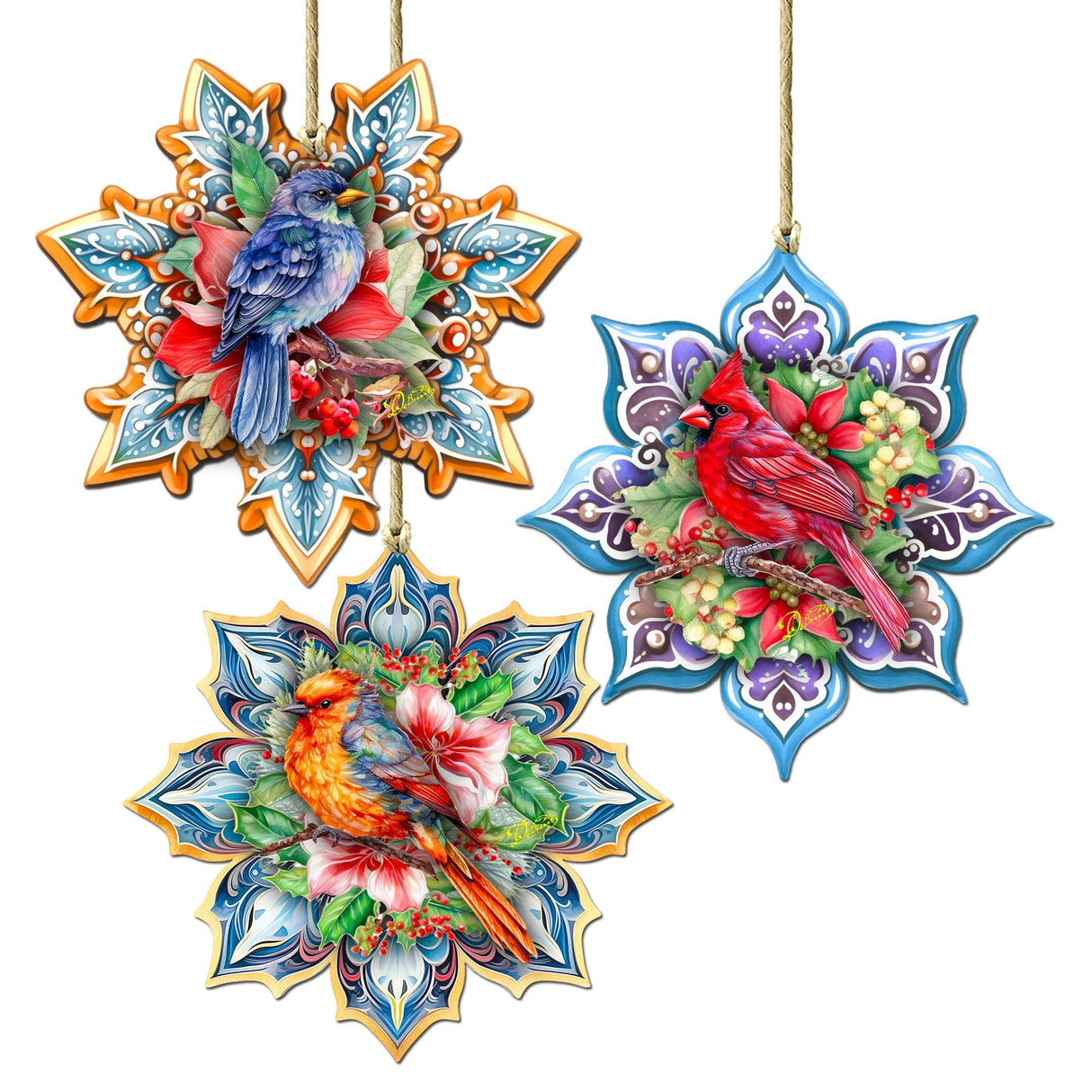 Forest Birds Snowflake Wooden Ornaments Set of 3 by G. Debrekht - Christmas Decor - 8090144-S3