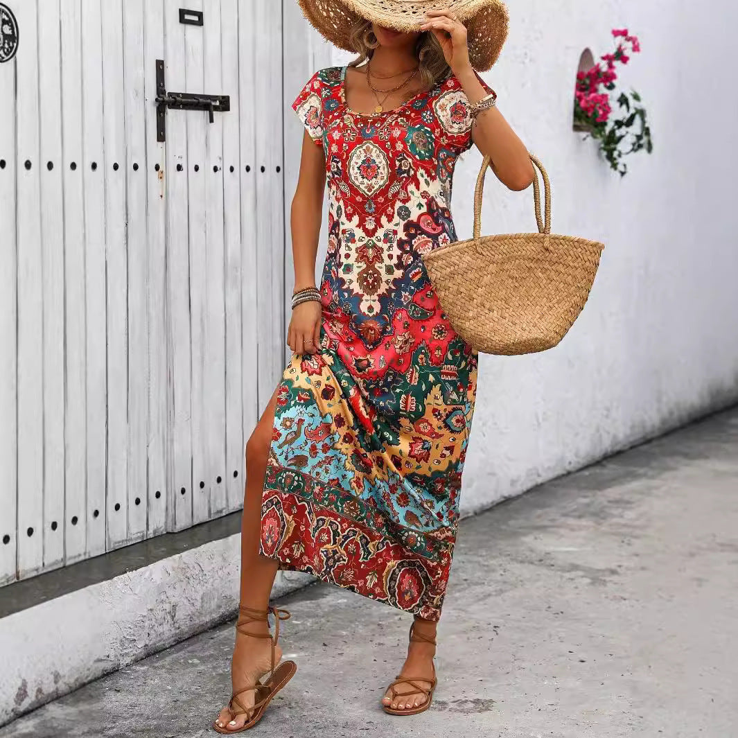 Vestido informal largo con cuello en U y estampado 3D para mujer