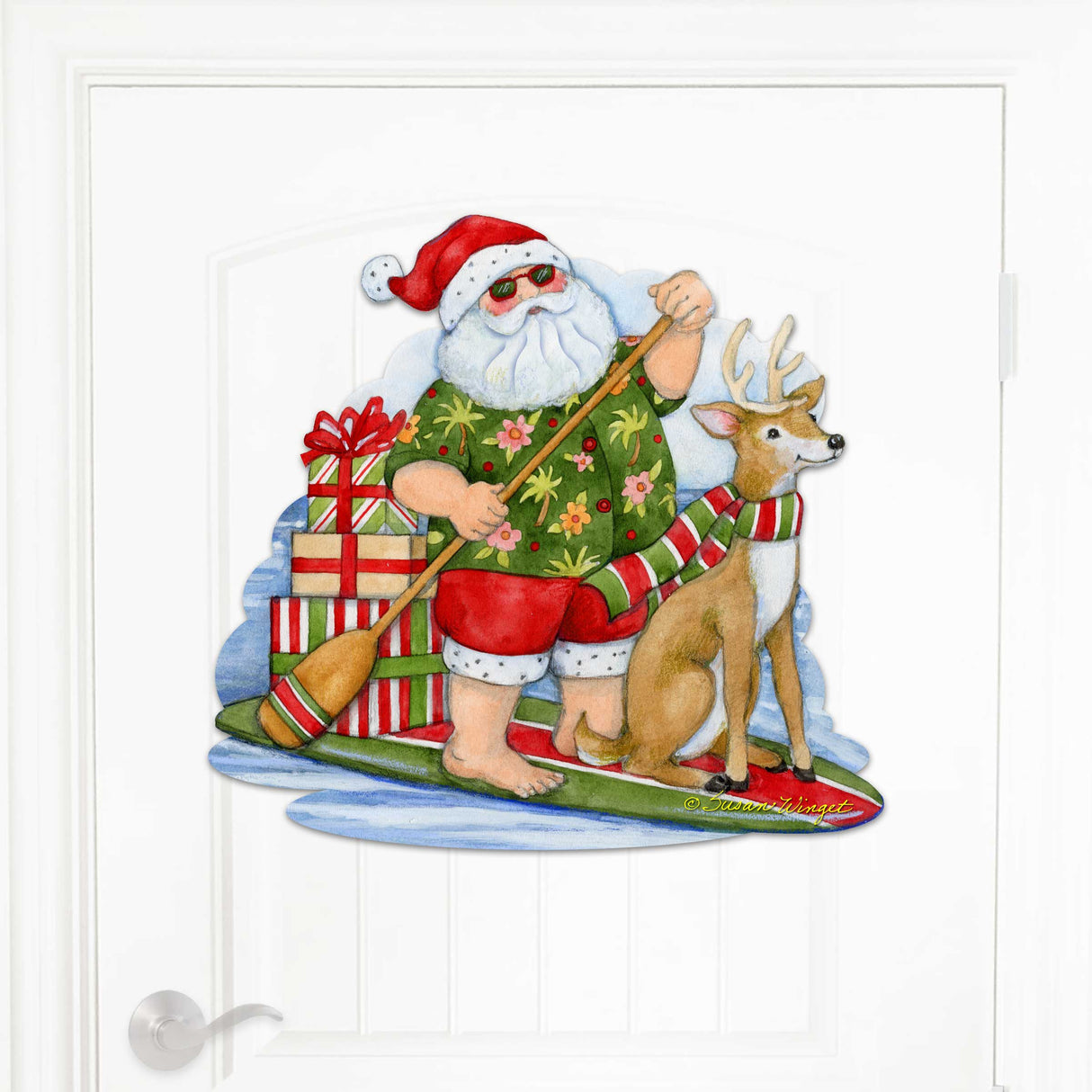 Christmas Decoration Door Hanging Paddleboarding Santa - Santa Door Hanger by Susan Winget Handmade Gift - 8471114H-SW