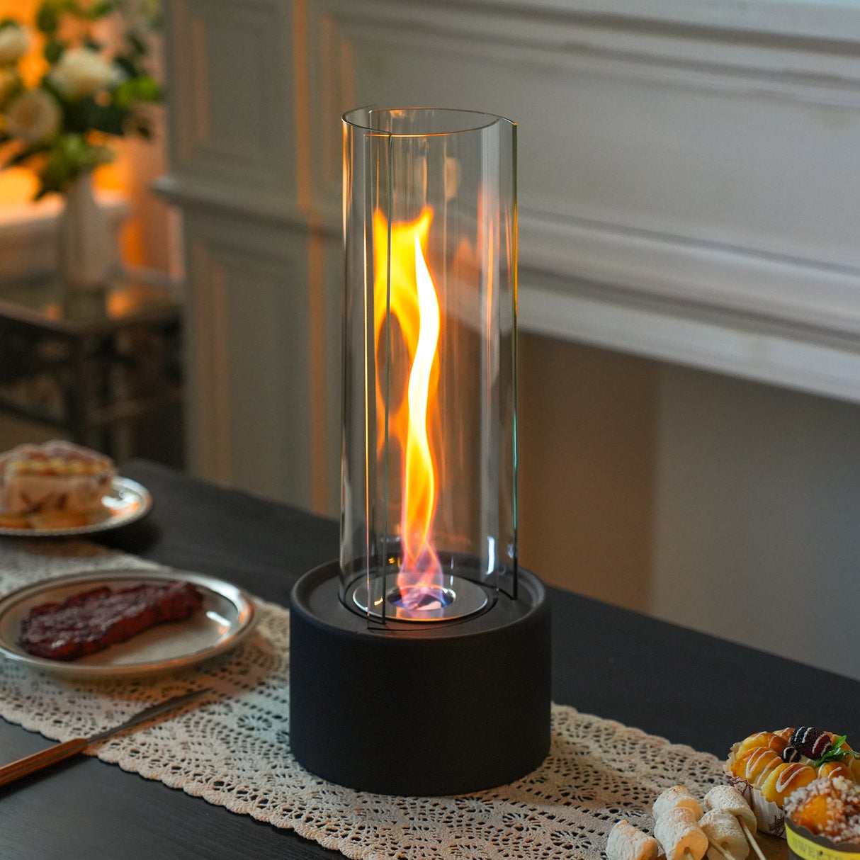 Cylindrical Bioethanol Vented-Free Fireplace – Tabletop Clean-Burning Design with Tempered Glass & Fire Snuffer-2