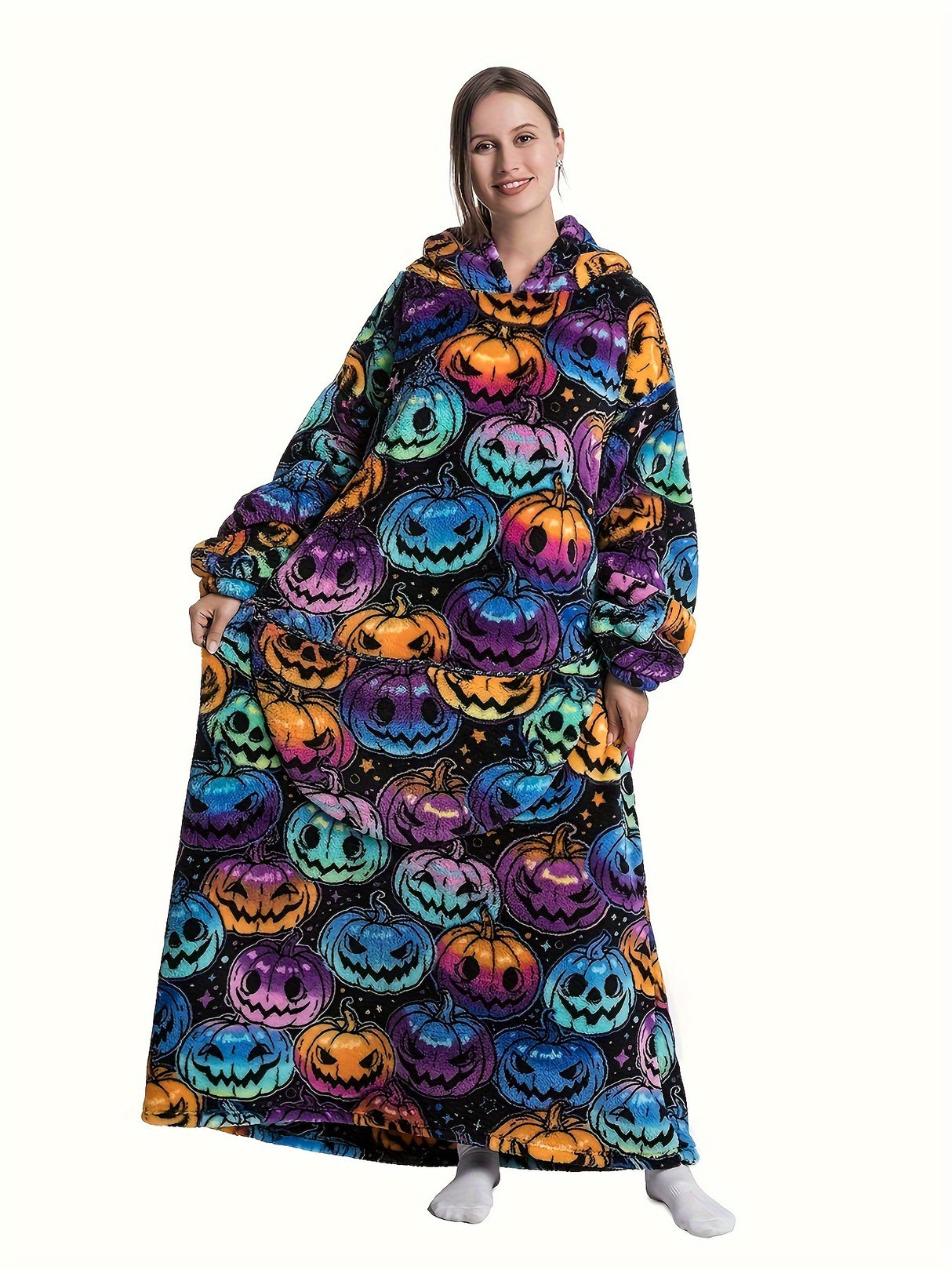 Plus Size Pumpkin Print Flannel Blanket Hoodie - Soft, Cozy, Plush, Hooded, Winter Outwear for Women with Halloween Theme