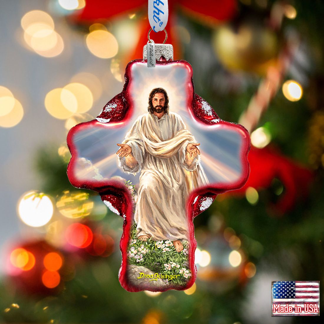 Jesus Resurrections Icon Cross Glass Ornament by D. Gelsinger - Nativity Holiday Decor - 758-021-DG