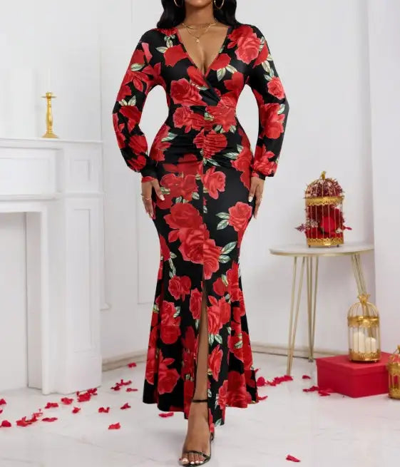 Ladies' V-neck Floral Print Fashionable Hip Hugging Dress - Lootquake